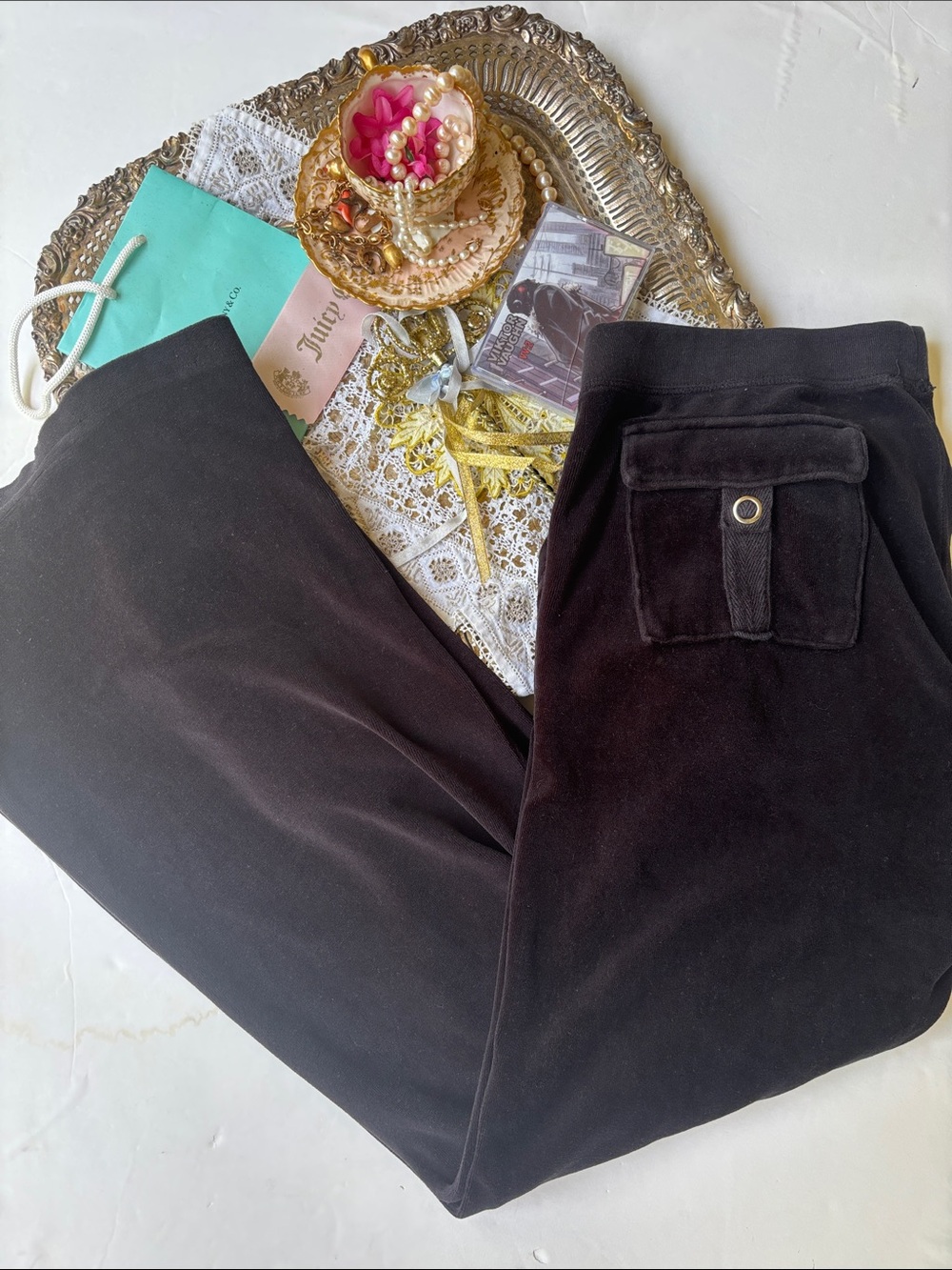 Vintage Juicy Couture Velour Y2k Tracksuit Pant Black USA Flare Snapback Pockets